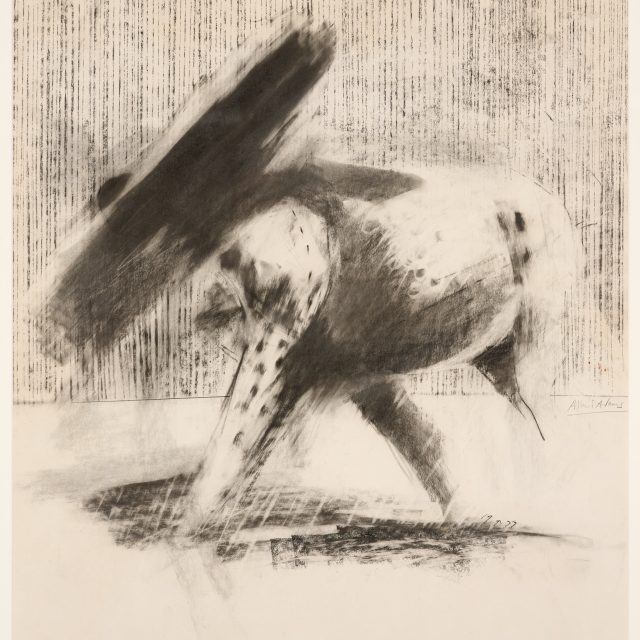 An expressive drawing depicts an animal, profile, with it's head facing left, walking on all fours. The animal's head has been obscured in a large black blurry smudge. The animal has spots on his front leg, and it's form is defined through the shadows around the joins and limbs. Below the animal is a shadow, and behind the figure, thin delicate verticle lines serve as a backdrop to the animal's form