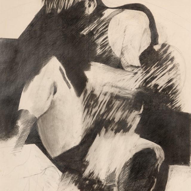 An expressive drawing depicts a semi-abstracted figure. contrast between blocks of black, and places left blank, define the figure's form. The figure's head is bent in towards a block od darkness, their features obscured, only the ear visible. Their head, torso, and right elbow are represented through gently blurred diagonal lines, suggestive of movement.
