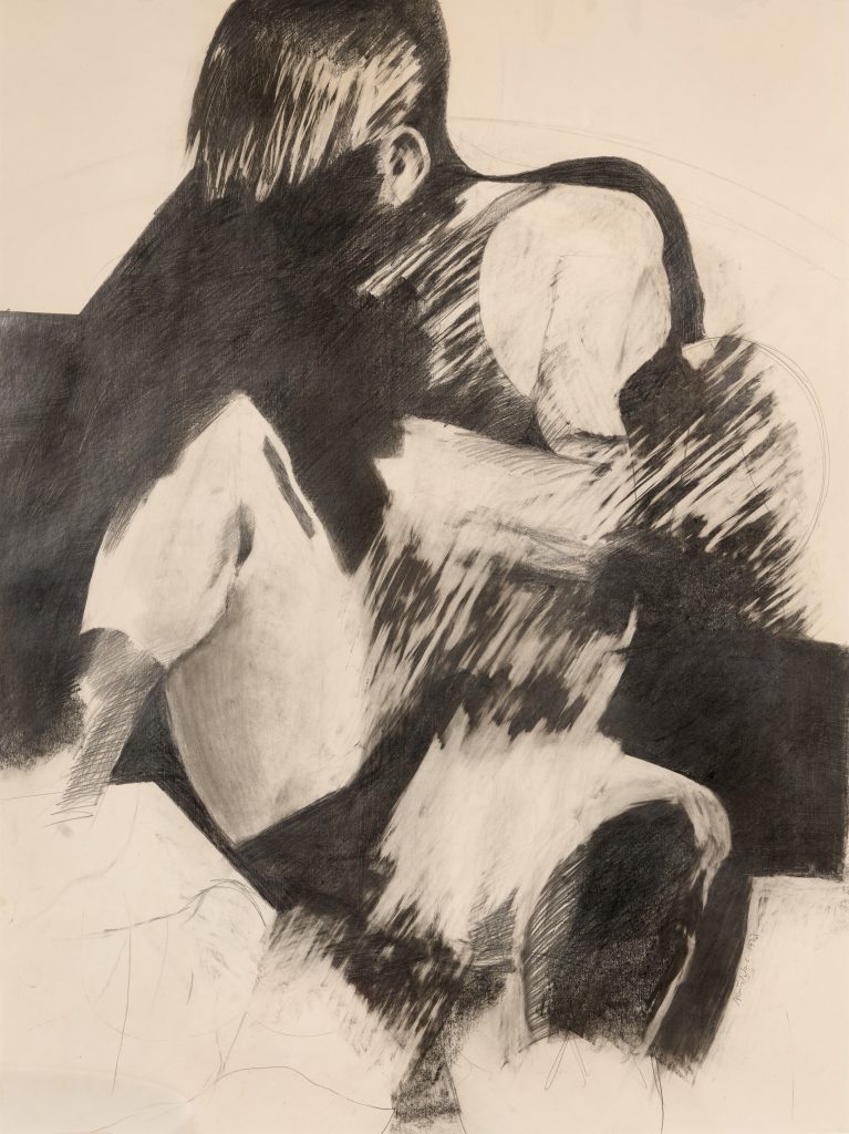 An expressive drawing depicts a semi-abstracted figure. contrast between blocks of black, and places left blank, define the figure's form. The figure's head is bent in towards a block od darkness, their features obscured, only the ear visible. Their head, torso, and right elbow are represented through gently blurred diagonal lines, suggestive of movement.