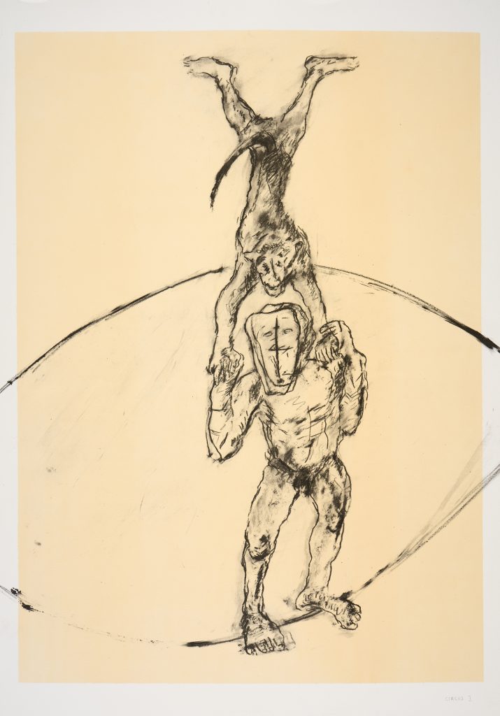 A print depicting a monkey performing a handstand, atop the hands of a human figure, balenced on a tightrope. The figures are rendered through dark lines, against a natural yellow background.
