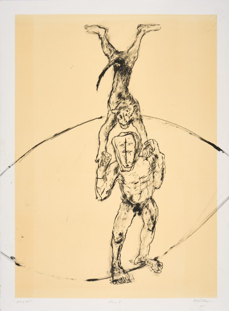 A print depicting a monkey performing a handstand, atop the hands of a human figure, balenced on a tightrope. The figures are rendered through dark lines, against a natural yellow background.