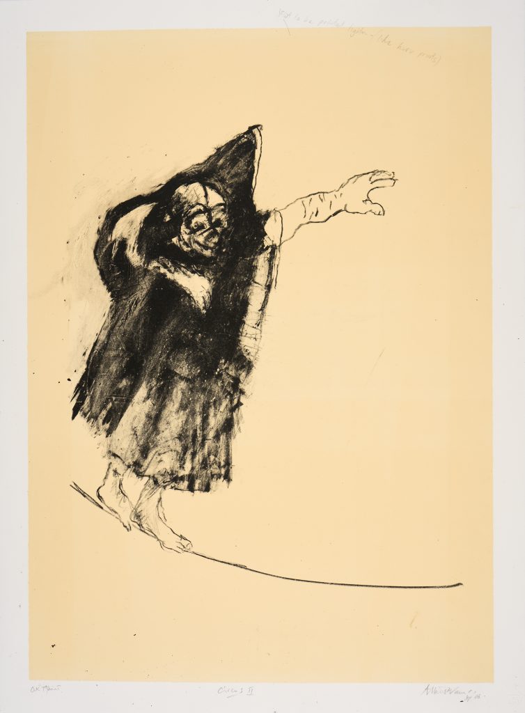 A figure with large eyes, peaking out from a dark cloak with a pointed hood, balences on a tightrope, one arm extended to the right. The figure is depicted in dark lines against a natural yellow background.