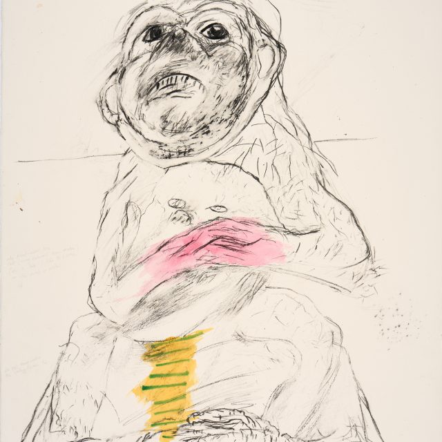 A print depicting a monkey, atop the shoulders of a figure. Both have their arms crossed in front of them. The monkies hands are tinted pink, the other figure wears a yellow tie with green stripes.