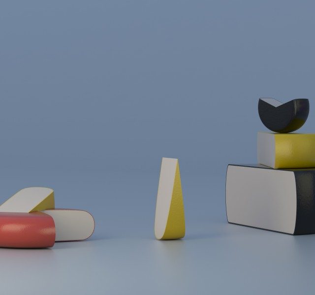 A digital rendering of cheese wheels of various sizes, coated in red, yellow and black wax. They are presented against a pale blue background.