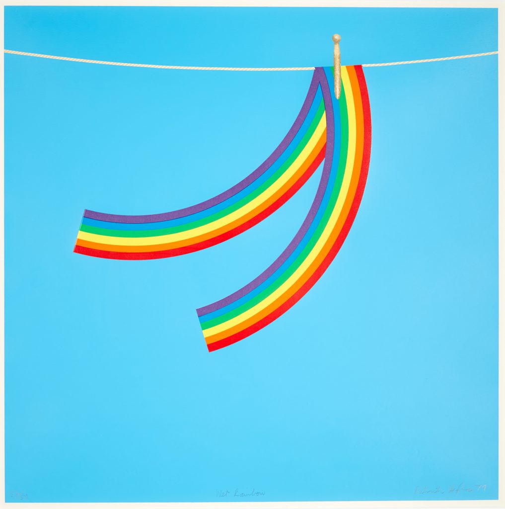 a bright blue square with a white 'washing line' drawn across the top. A rainbow, folded in half, is pegged on to the line.