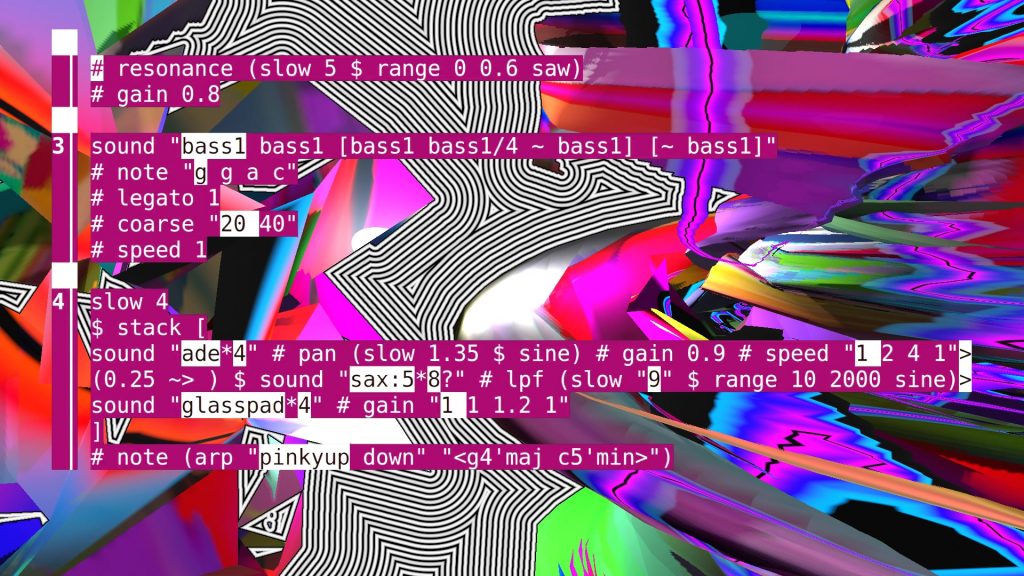 A glitched digital abstract image. Various shapes in bright or neon hues across a grey background. Lines of code appear in the foreground.
