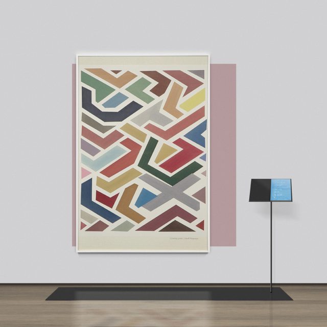 This is an abstract work made of interlaced lines of different colors.