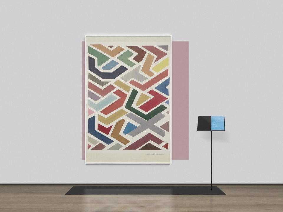 This is an abstract work made of interlaced lines of different colors.