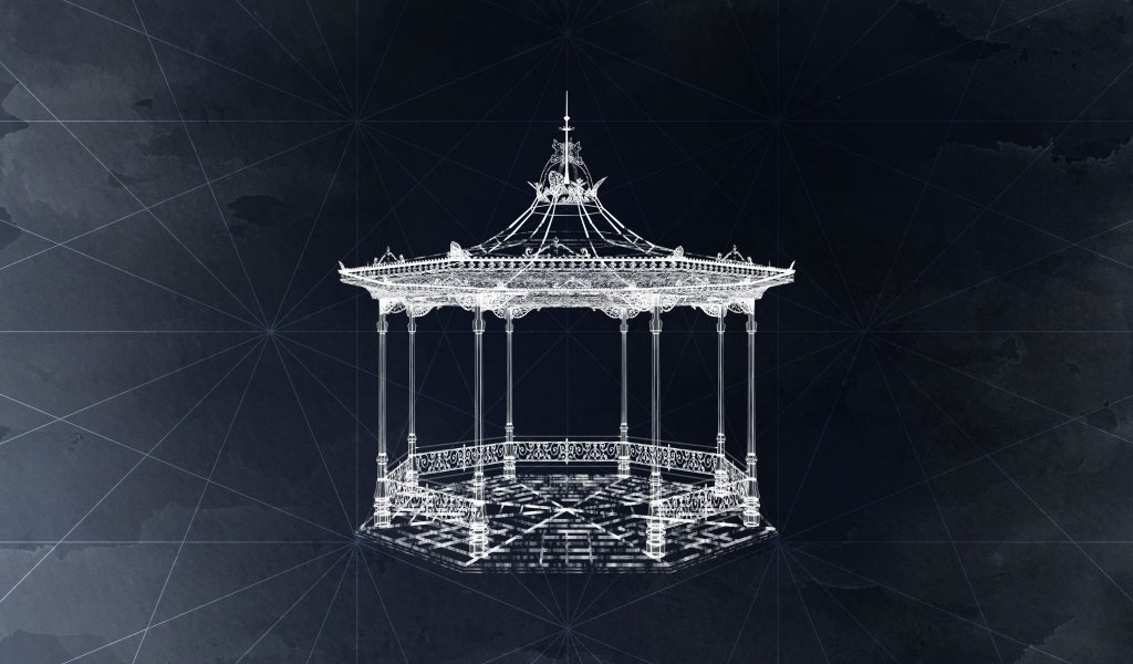 A white skeletal digital rendering of an ornate bandstand floats against a dark blue background.