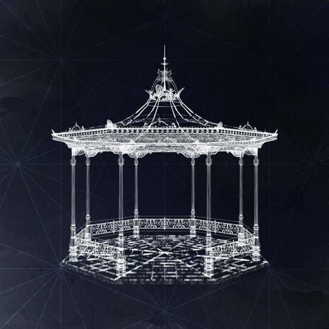 A white skeletal digital rendering of an ornate bandstand floats against a dark blue background.