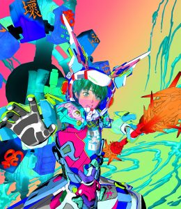 The picture depicts a girl wearing a robot costume of many colors.