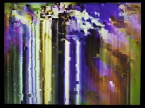 An intentionally glitched abstract image with multicolour vertical stripes