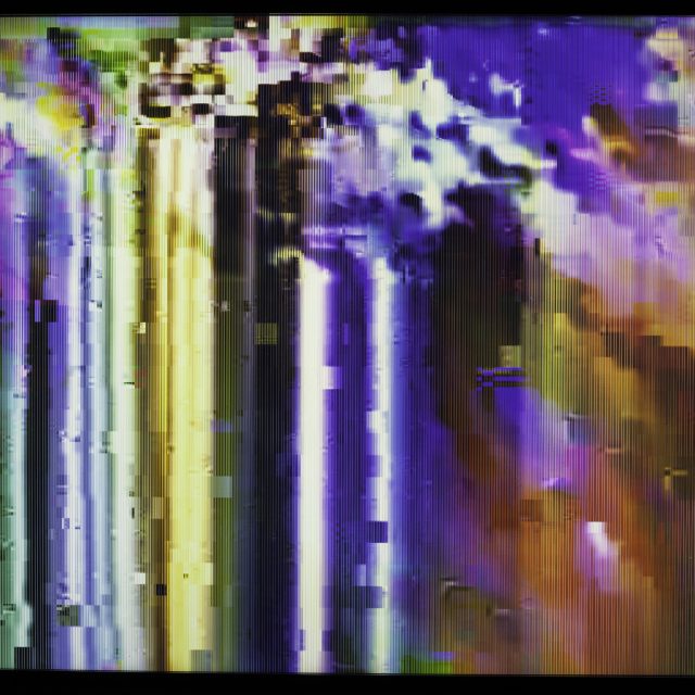 An intentionally glitched abstract image with multicolour vertical stripes