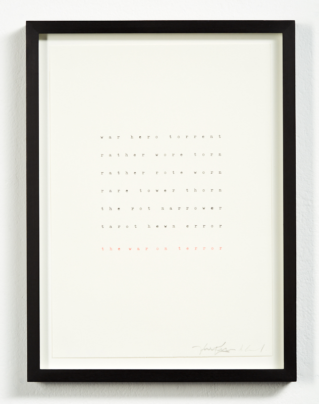 A white page with a thin black frame. Small lettering in the centre in black and red ink, reads anagrams of the phrase 'the war on terror'