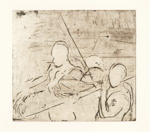 An expressive etching, depicting faceless figures outlined in black against a natural yellowed background.