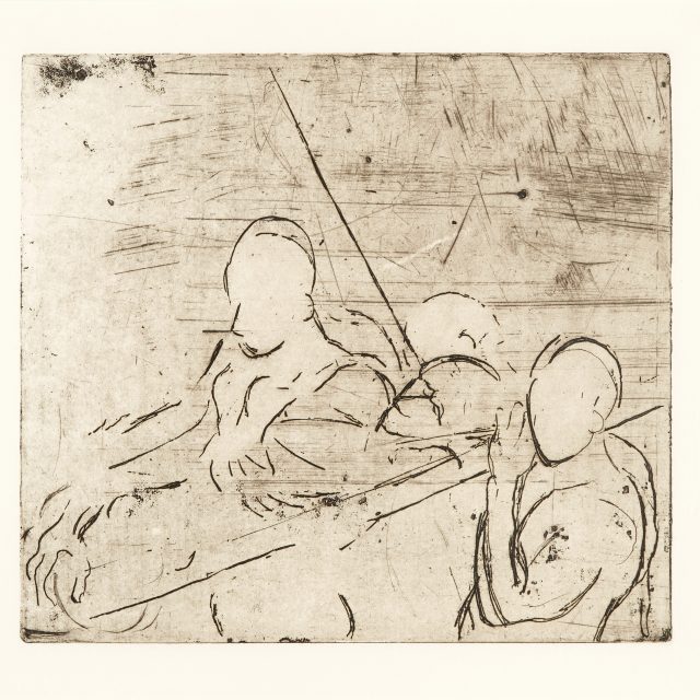 An expressive etching, depicting faceless figures outlined in black against a natural yellowed background.