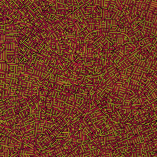 Red and yellow marks on a black background create an asbtracted depiction of the map where Salford and Manchester meet.