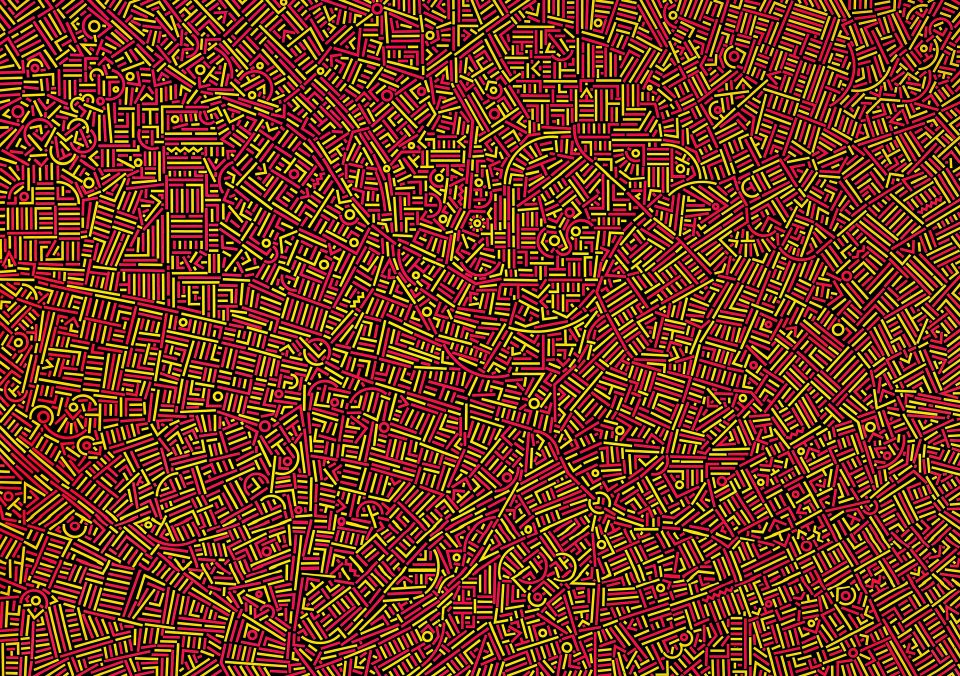 Red and yellow marks on a black background create an asbtracted depiction of the map where Salford and Manchester meet.