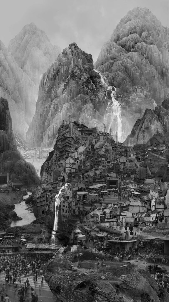 In black and white picture there are many people pouring into the city with mountains in the background.