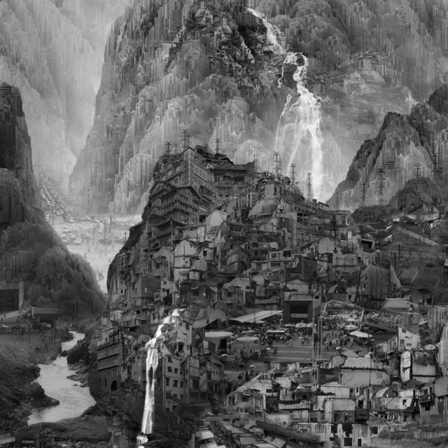 In black and white picture there are many people pouring into the city with mountains in the background.
