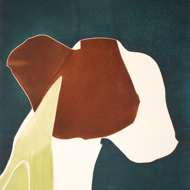 A screenprint showing an abstracted dog, with a white face, brown ears, and no features, against a dark navy background.