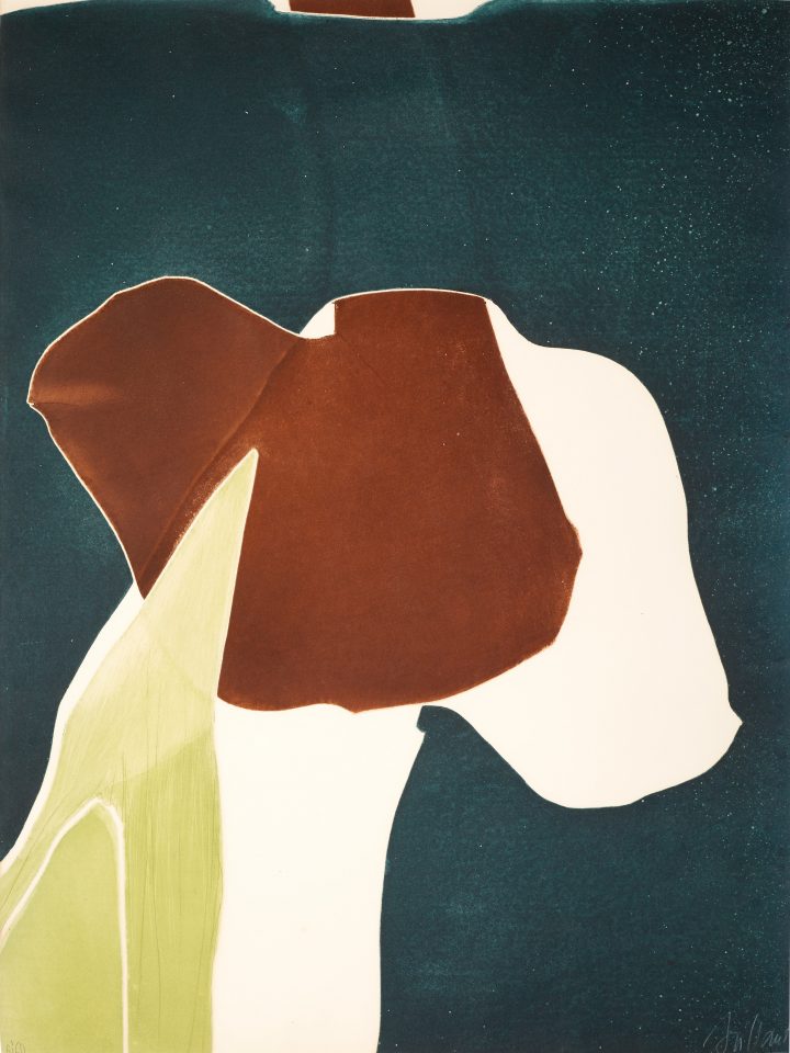 A screenprint showing an abstracted dog, with a white face, brown ears, and no features, against a dark navy background.