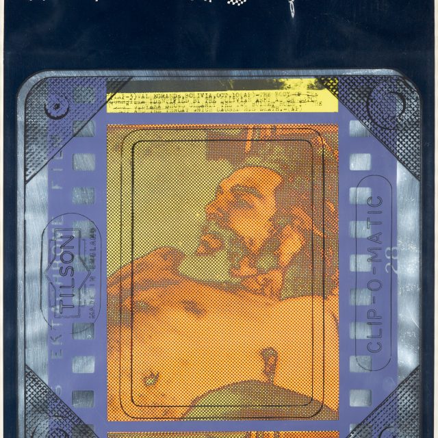 A colourful, overlaping print shows a dotted, orange still-image of Che Guevara from a reel of film, encased in a frame reading 'Tilson' and 'Clip-o-matic' against a black background.