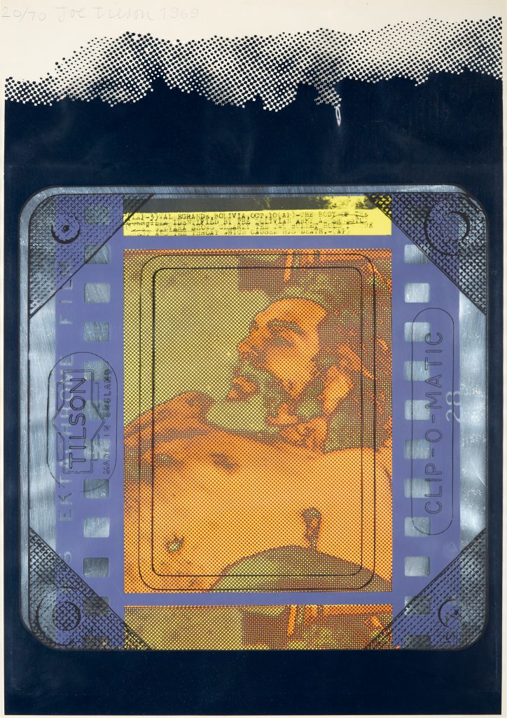 A colourful, overlaping print shows a dotted, orange still-image of Che Guevara from a reel of film, encased in a frame reading 'Tilson' and 'Clip-o-matic' against a black background.