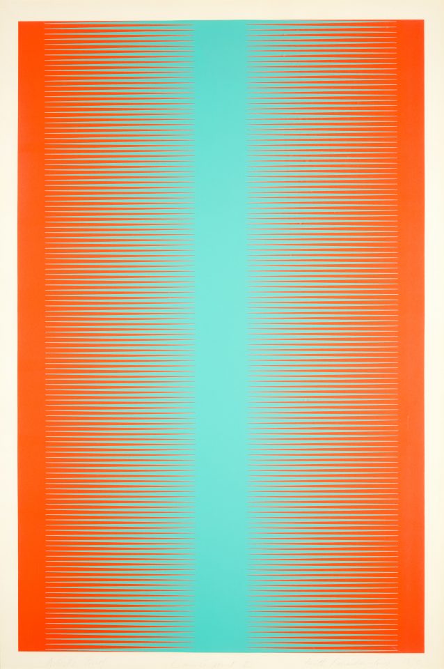 An abstract print with thin red 'teeth' on both the left and right, extending horizontally onto a cyan centre.