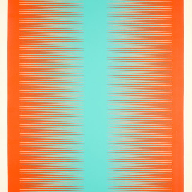 An abstract print with thin red 'teeth' on both the left and right, extending horizontally onto a cyan centre.