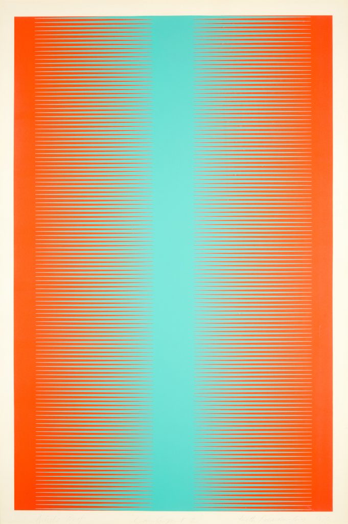 An abstract print with thin red 'teeth' on both the left and right, extending horizontally onto a cyan centre.