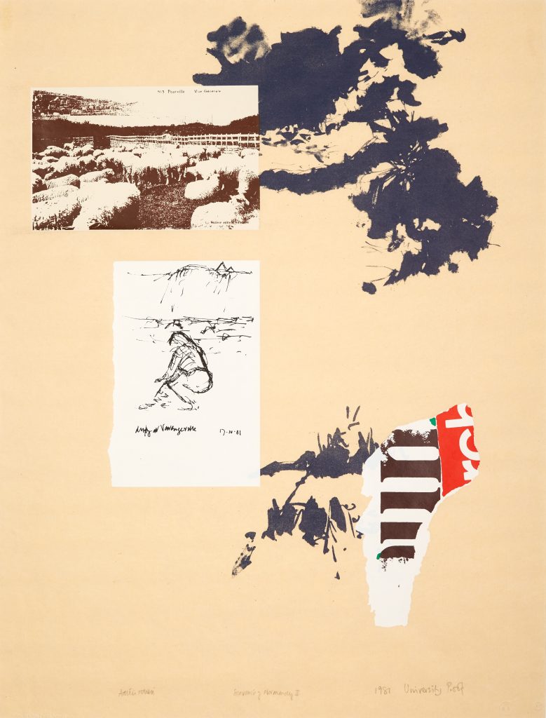 A collage-like screen print on cream paper with abstract dark sketches in the top right and lower centre. In the top left is a reproduction of a monocrome photograph of sheep in a field. Below is a small sketch on a white rectangle of paper showing a figure. There is a scrap of a red, white and brown label in the lower right corner.