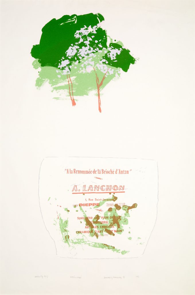 A screenprint on cream depicts two simple trees in the upper left. Below this in the centre there is French text in red, over abstract green and brown marks, reading, ' "A la renommee de la Brioche d'Antan" A.Lanchon 1, rue Saint-Jaques Dippe' before becoming obscured by the marks.