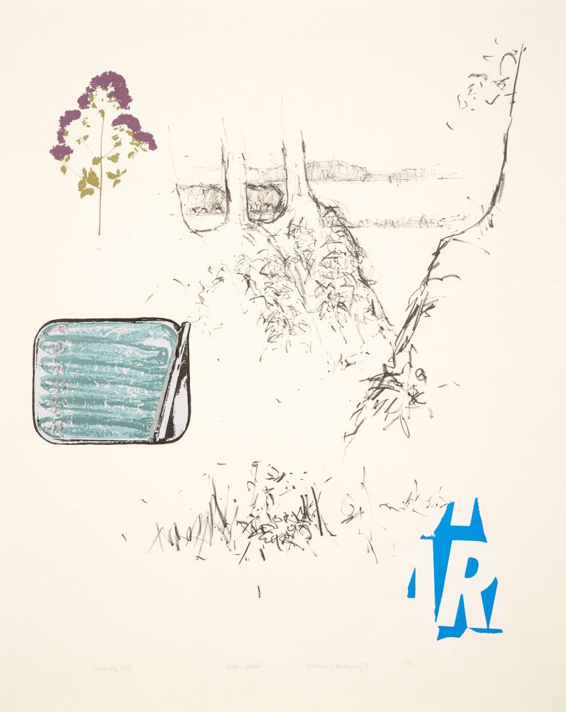 A collage like screenprint on cream with an abstract landscape sketch in grey. In the top left there is a simple depiction of a flower with pink petals and a yellow stem. In the centre left is a depiction of sardines in a tin with the lid peeled back to reveal them. In the bottom right corner there is a scrap of print with bold lettering in white on blue.