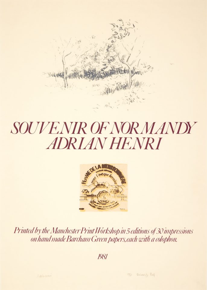 A screenprint with text in the centre reading 'Souvenir of Normandy - Adrian Henri' in all caps. Above this is a scretch of two trees surrounded by grass. And below the text is a reproduction of a french logo. Along the bottom of the print reads 'Printed by the Manchester Print Workshop in 5 editions of 30 impressions on hand made Barcham Green papers, each with a colophon. 1981'.