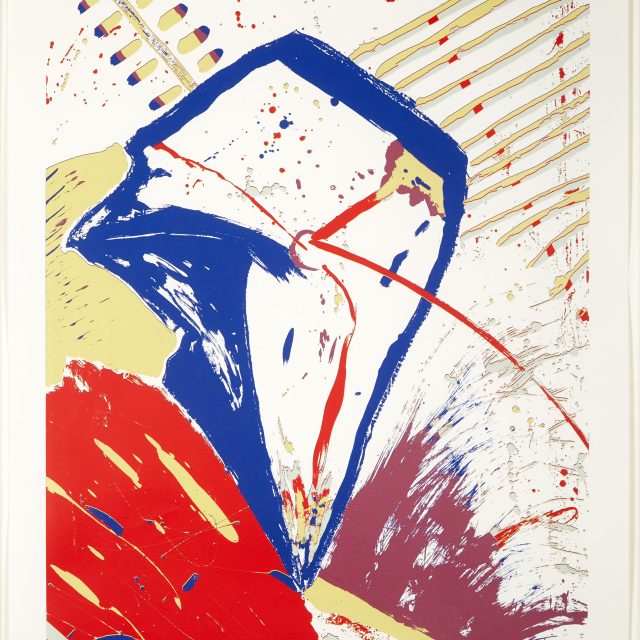 An abstract print depicts a blue diamond on a colourful red and yellow background