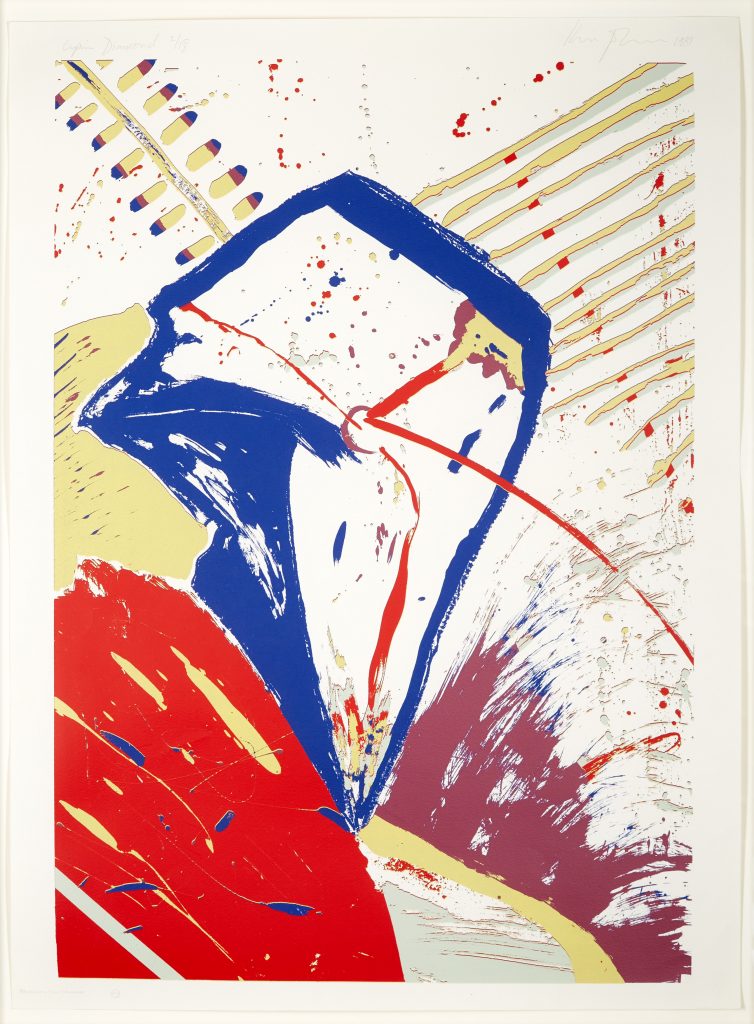 An abstract print depicts a blue diamond on a colourful red and yellow background