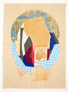 A layered, abstract screenprint with a cream-y yellow background. A cresent shaped newspaper cutting and a blue and white patern forma circle in the centre encompasing overlaping shapes of grey, reds, cream and blue. In the lower centre of the design is a simple figure, sat and looking out at the viewer.