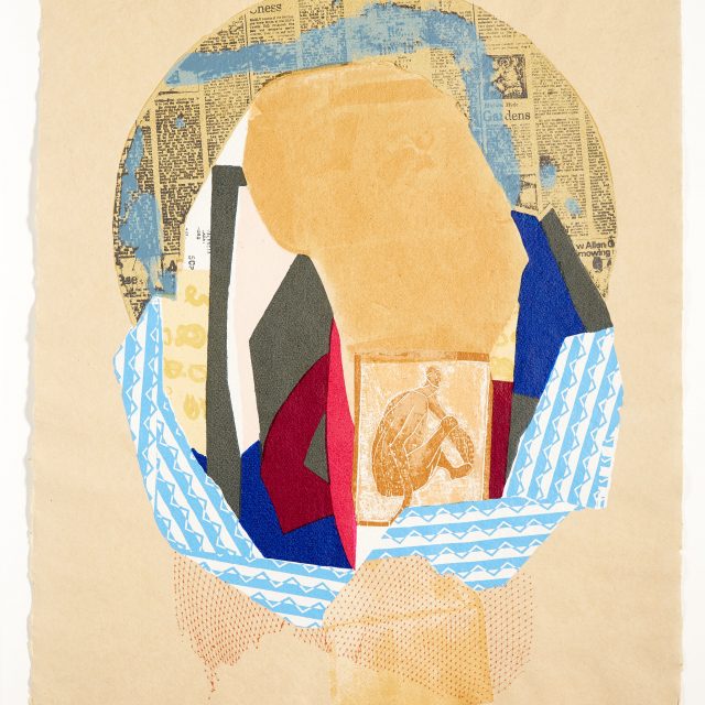 A layered, abstract screenprint with a cream-y yellow background. A cresent shaped newspaper cutting and a blue and white patern forma circle in the centre encompasing overlaping shapes of grey, reds, cream and blue. In the lower centre of the design is a simple figure, sat and looking out at the viewer.