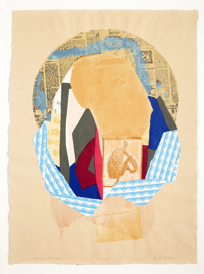 A layered, abstract screenprint with a cream-y yellow background. A cresent shaped newspaper cutting and a blue and white patern forma circle in the centre encompasing overlaping shapes of grey, reds, cream and blue. In the lower centre of the design is a simple figure, sat and looking out at the viewer.