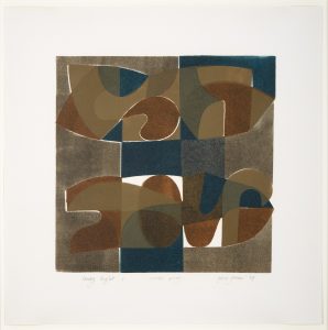 A square abstract screenprint in muted earth-y tones, createing overlaping paterns.