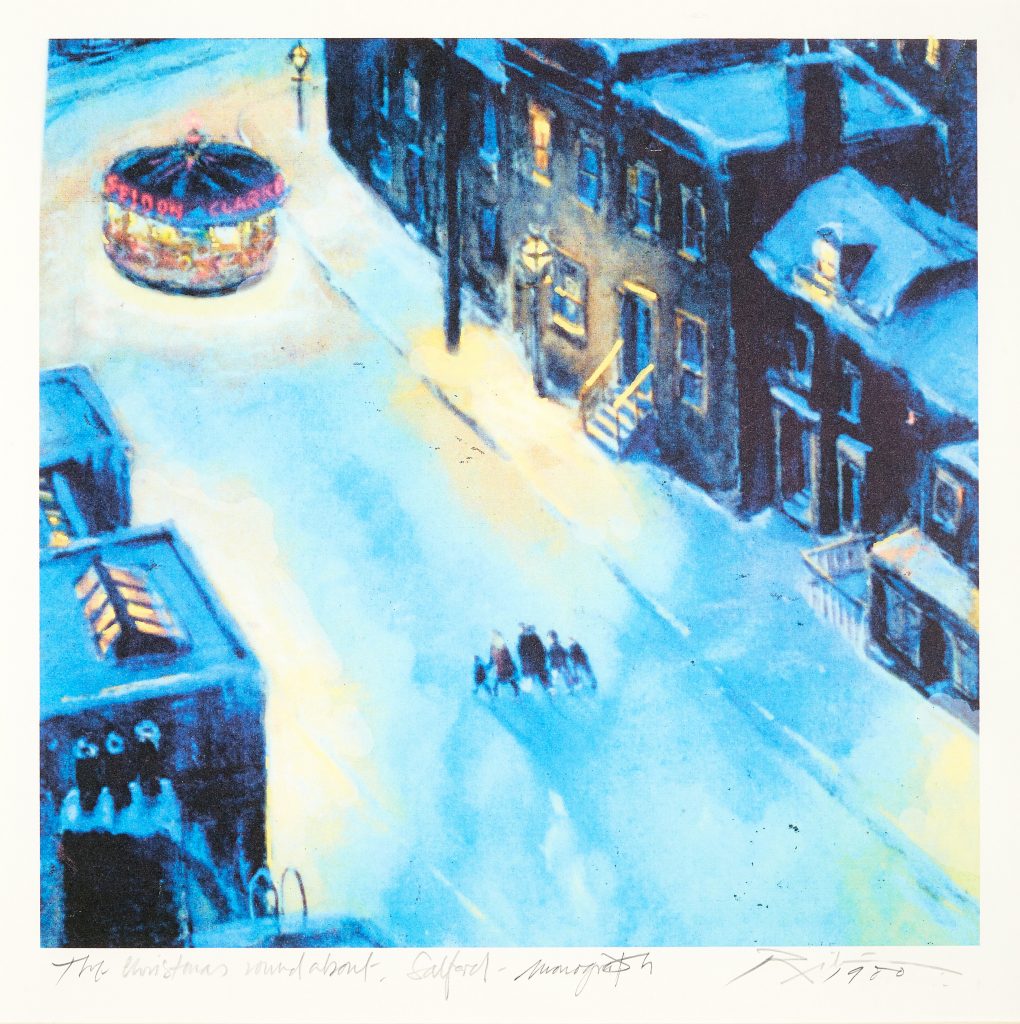 A blue-hued snowy street scene shows a group of figures walking up a street lined with redbrick houses towards an illuminated carousel sitting in the top left corner of the image. The scene is viewed from above, as if from the roof of a building in the bottom right.