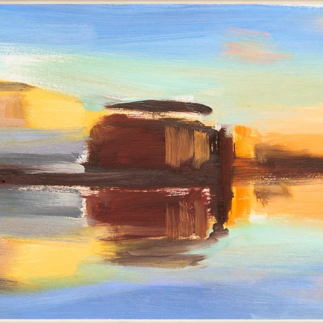 A painting depicts a view of Salford Quay's where the bulidings along the waterfront are refelcted in the water. The abstracted buildings in greys, browns, and blues run across the middle of the painting, while the sky and refelction surronds them, blue at the top and bottom, turning golden at the centre.