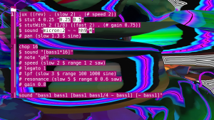 A colourful still image from 'Nodes' showing a distorted background with purples, greens, browns, and black and whites. Code, describing sounds sits ontop of the background in white text on pink.