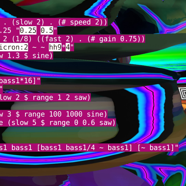 A colourful still image from 'Nodes' showing a distorted background with purples, greens, browns, and black and whites. Code, describing sounds sits ontop of the background in white text on pink.