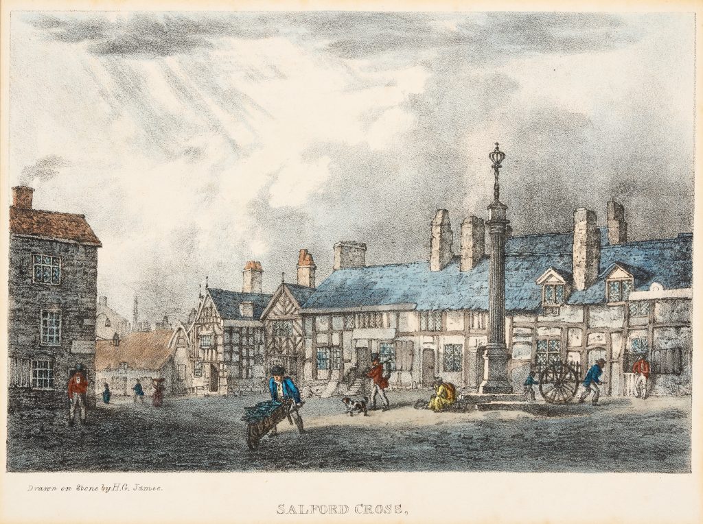 Street Scene of Salford Cross and Market Square, Figure in foreground pushing Wheelbarrow. Half timbered buildings