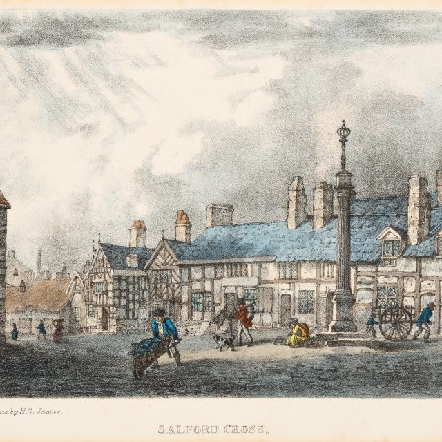 Street Scene of Salford Cross and Market Square, Figure in foreground pushing Wheelbarrow. Half timbered buildings
