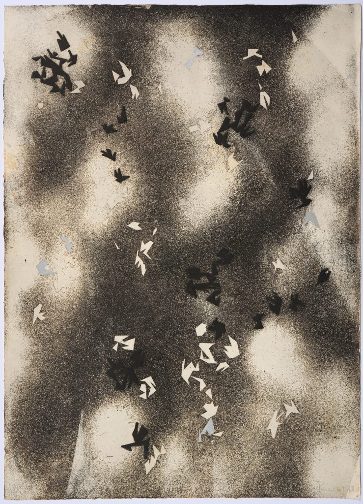 Semi Abstract, Black and White Birds in flight, Clouds