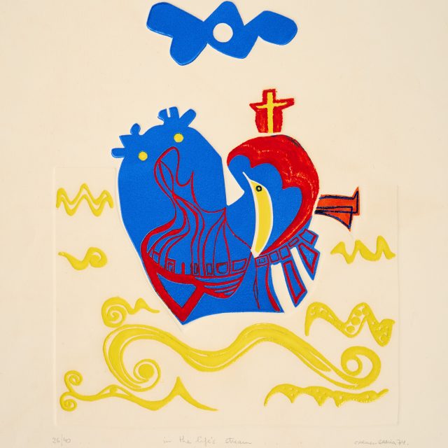 red yellow and blue, semi abstract, waves, embossed