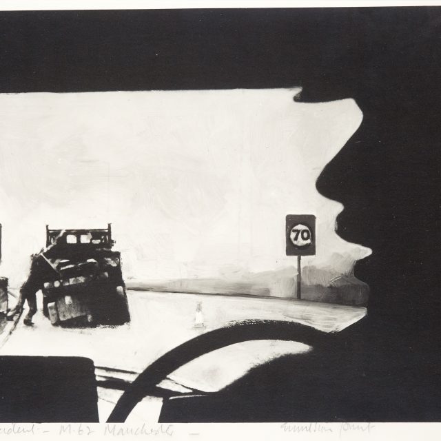 Driver in car viewing a motorway accident. Figure by side of vehicle at side of road and speed limit signs visible